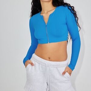 Garage Blue Fitted Crop Top with Long Sleeves